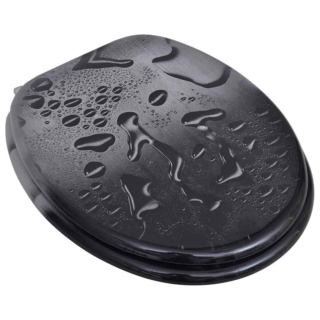 Asiento de inodoro moderno con diseño de gotas de agua de tablero DM resistente, apto para todos los inodoros con bisagras ajustables de 12 a 20 cm de ancho, resistente y ligero