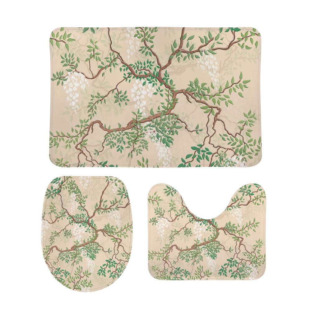 Tapis de bain en forme de U Ruchen à motif floral glycine blanc lot de 3 pièces lavables