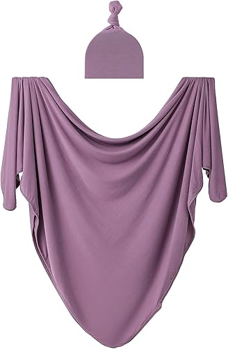 Manta grande de punto de rayón para bebé, manta de recepción elástica suave para recién nacidos con sombrero, grande 47 x 47 pulgadas (malva)