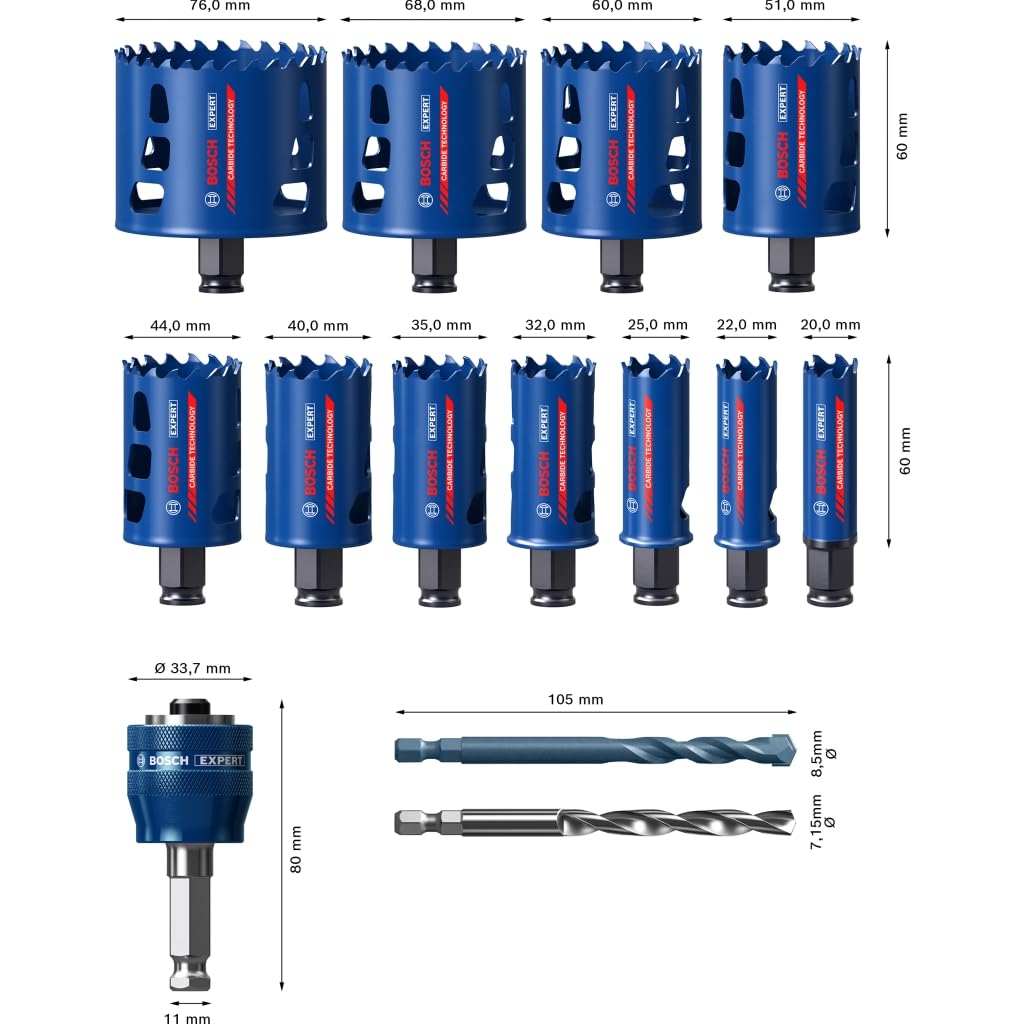 Bosch Professional 2608900448 14x Set di Seghe a Tazza Expert Tough Material (Accessorio Trapano a Percussione), Blu, Set Ø 20/22/25/32/35/40/44/51/60/68/76 mm