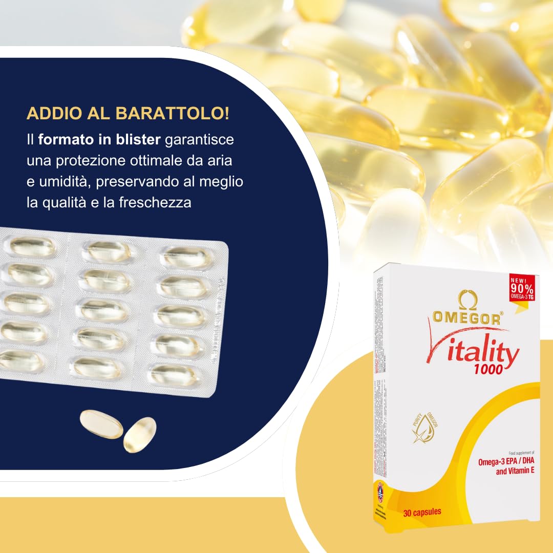 Omega3 2000 mg ad Alto Dosaggio per 2 Capsule - Omega 3 IFOS 5 Stelle - OMEGOR Vitality 1000 - Fornitura per 5 mesi - 30cps (10 Confezioni)