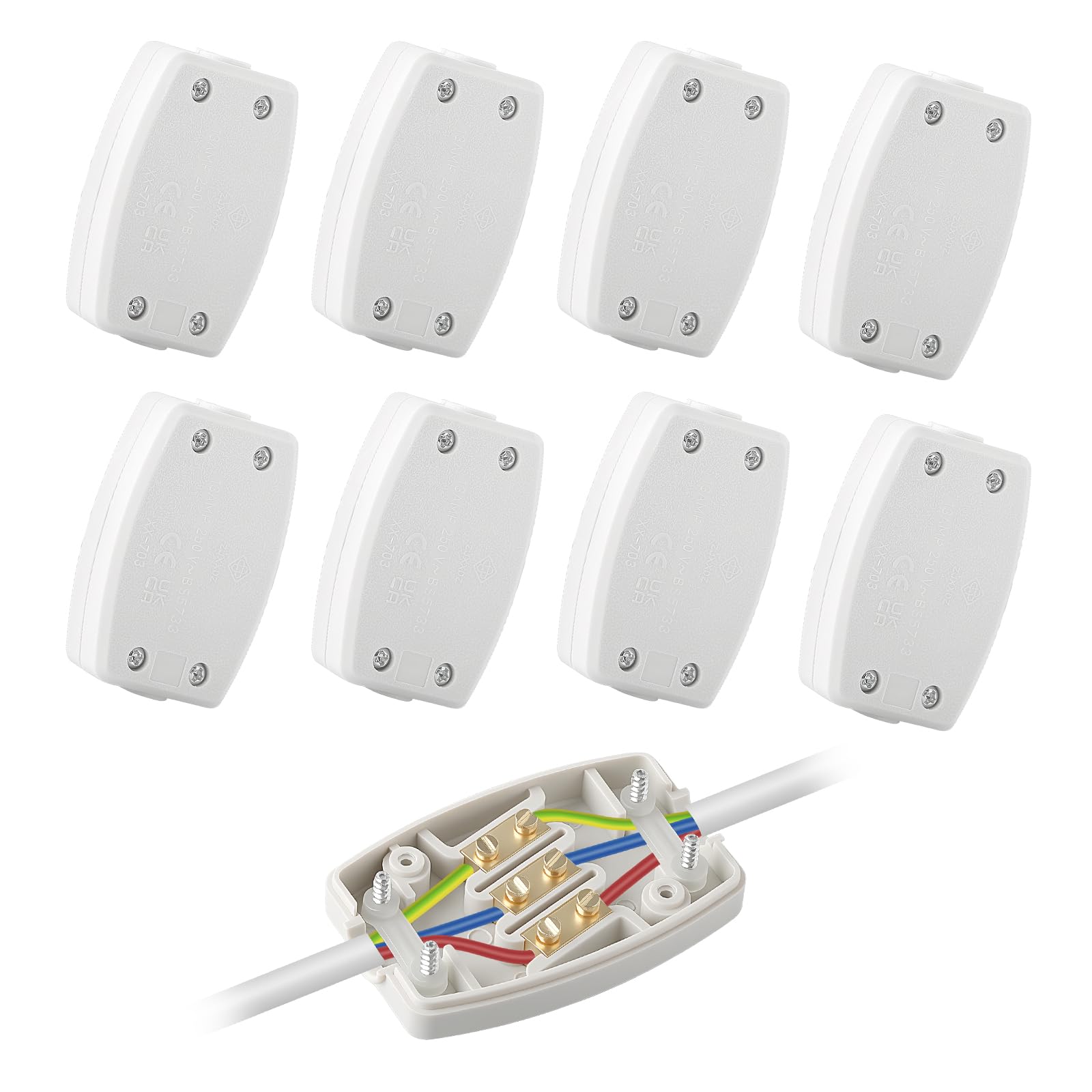 3 Terminal Electrical Cable Junction Box 13Amp 250v Flex Connector 3 Core White Cable Connectors For Indoor Lighting, Electrical Power, Wiring – Pack of 8