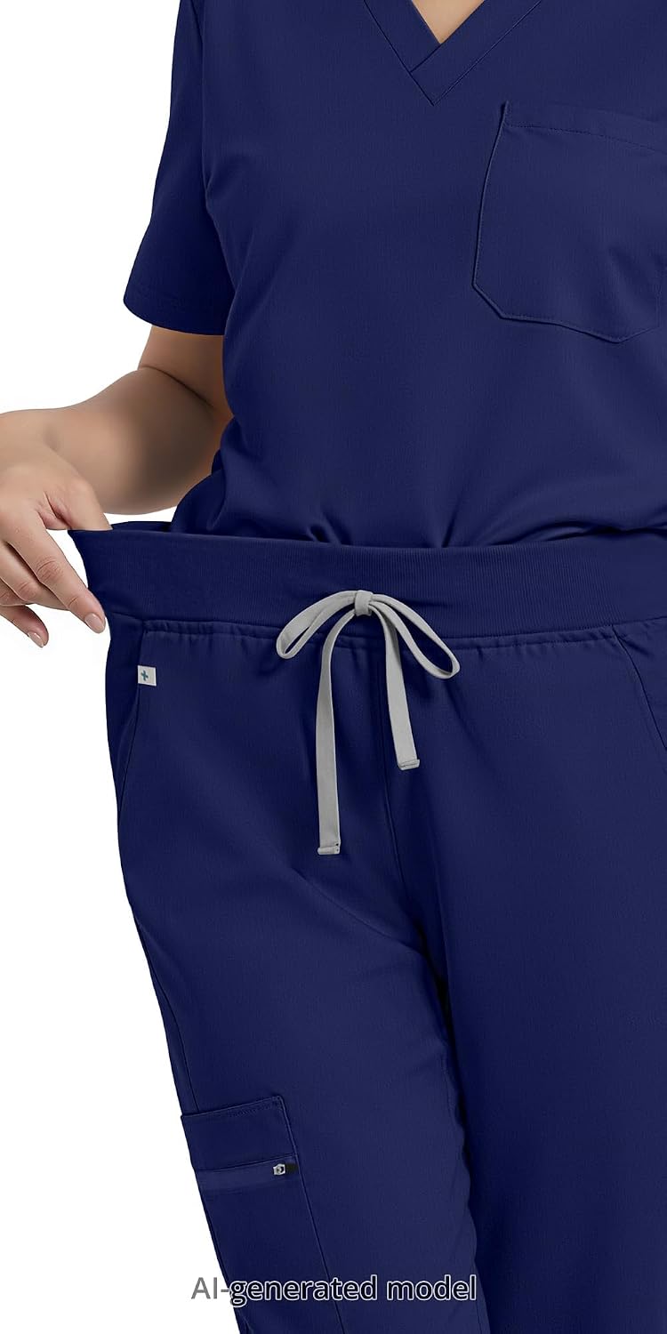 Women's 4-Way Stretch Scrub Set, V-Neck Top & Joggers, 9 Pockets | 72% polyester, 21% rayon and 7% spandex with a yoga waist, zippered storage and wrinkle-resistant easy care