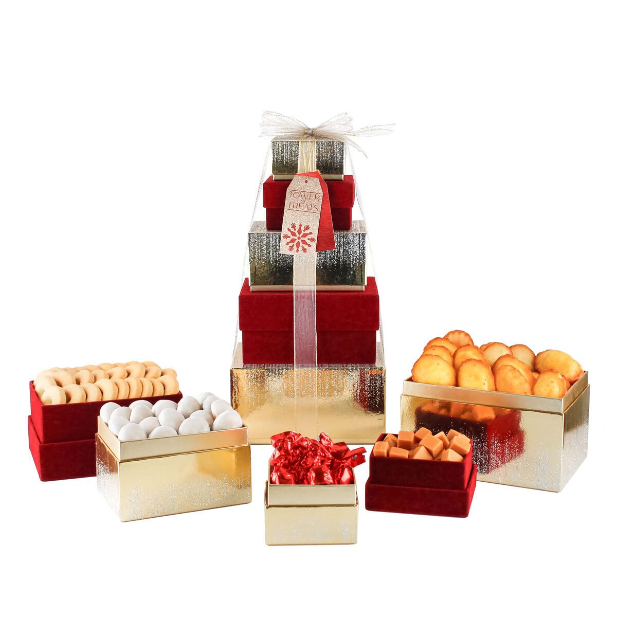 Juego de caja de regalo de torre de golosinas festiva: cesta de chocolates, dulces, galletas (se suministra 1 torre al azar)