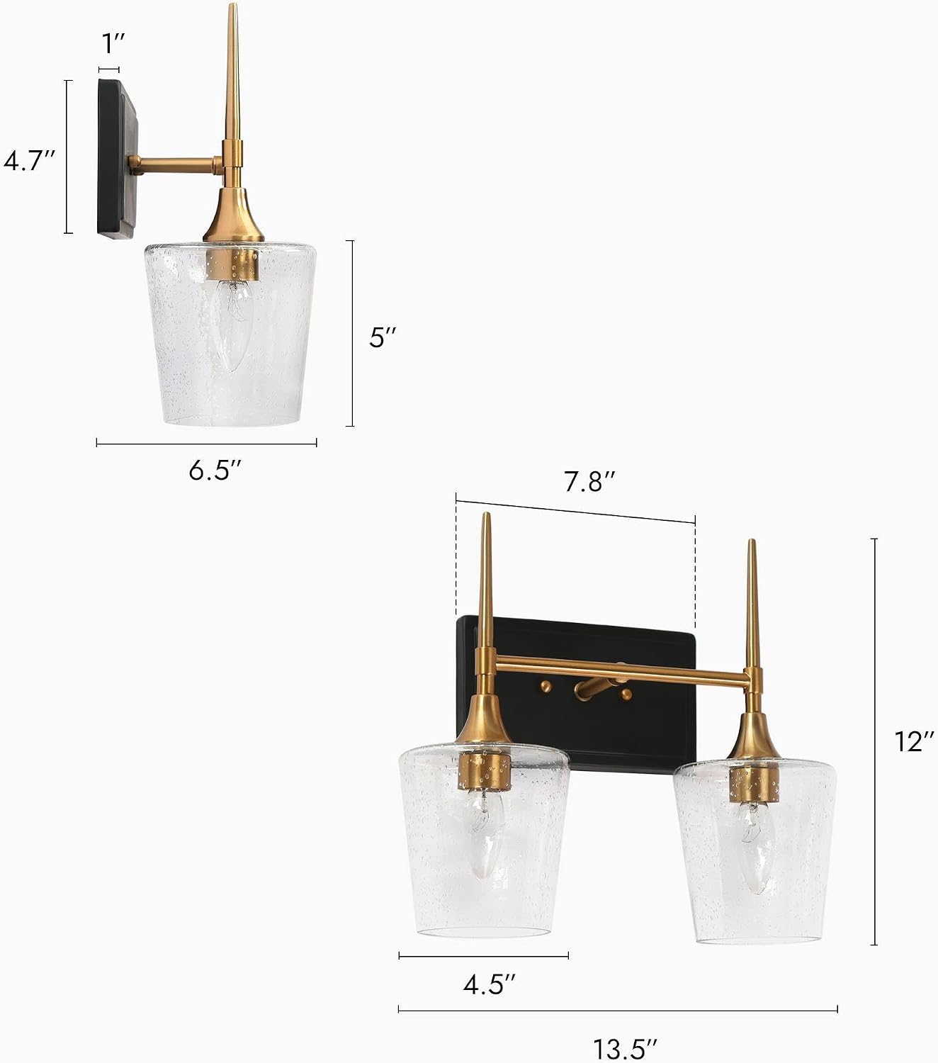 Black Gold Vanity Light, Modern 2-Light Bathroom Light Fixture with Seeded Glass Shade and Electroplated Brass Finish Over Mirror