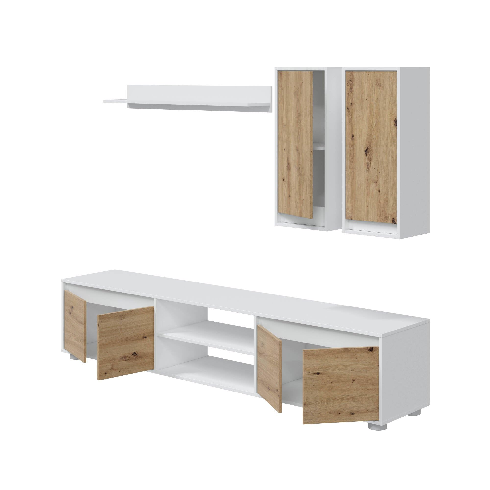 Dmora Parete Attrezzata Wells 40x200x114h cm Bianco 7 Ripiani 6 Ante, 8 Vani