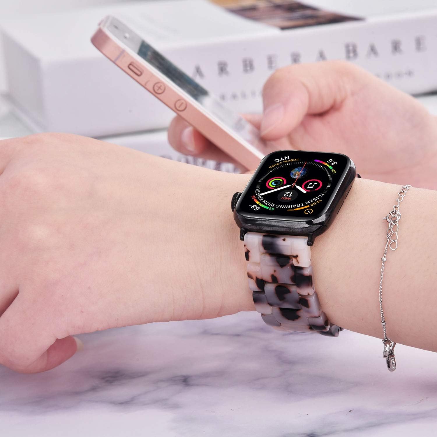 V-MORO Resin Bands Compatible with Apple Watch 42/40/41/38mm Series 11/10/9/8/7 Fashion Lightweight Strap Bracelet Compatible for iWatch Series SE/6/5/4/3/2/1(Tortoise Stone Flower-Black) - Image 7