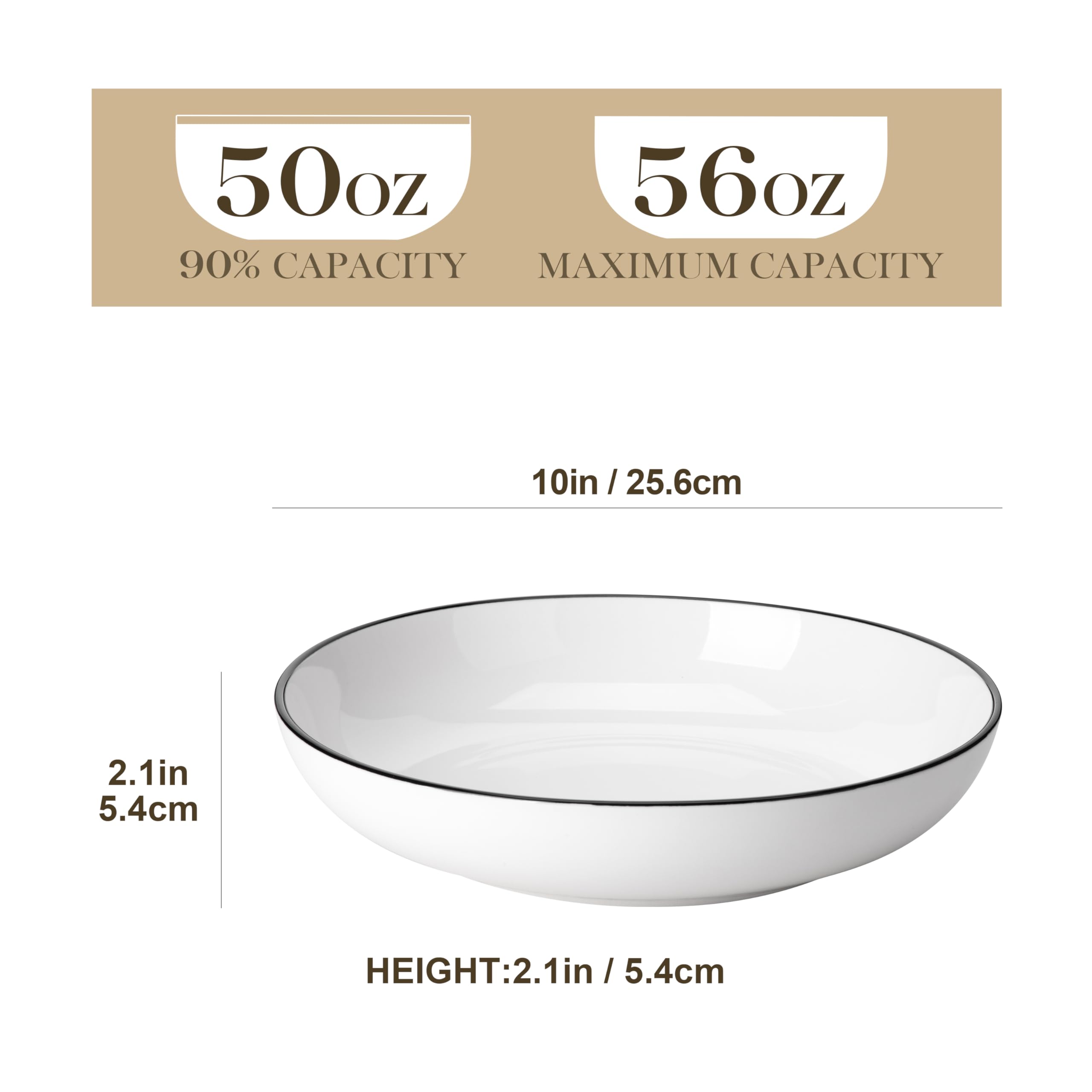 MALACASA Serie REGULAR 1680ml Piatti da Pasta in Porcellana, Piatti da Zuppa, Set di 4 Ciotole per Insalata, Bianco con Bordo Nero