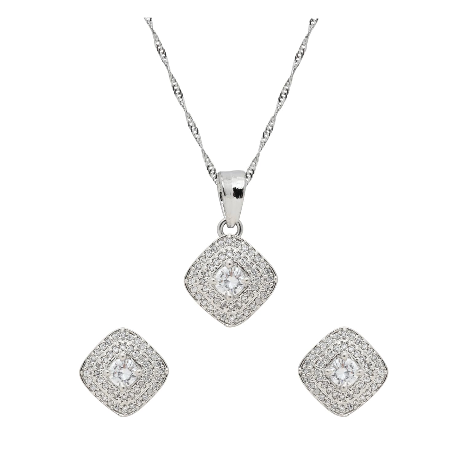 I Jewels Silver Plated Cubic Zirconia American Diamond Chain Pendent Necklace With Earrings Set for Women (CH63S)