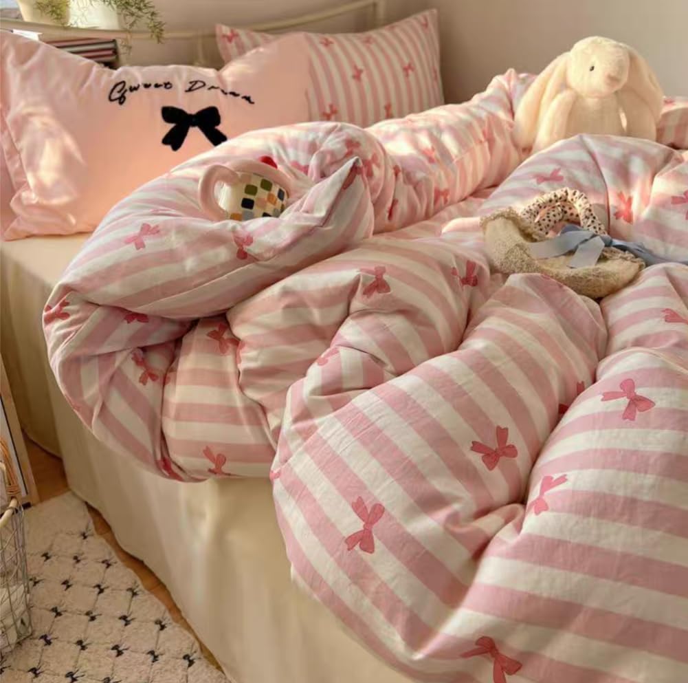 Striped Duvet Cover Queen Size Pink Bowknot Bedding Set with Zipper Closure, 3 Pieces Geometry Stripe Kawaii Bow Comforter Cover for Kids Girls