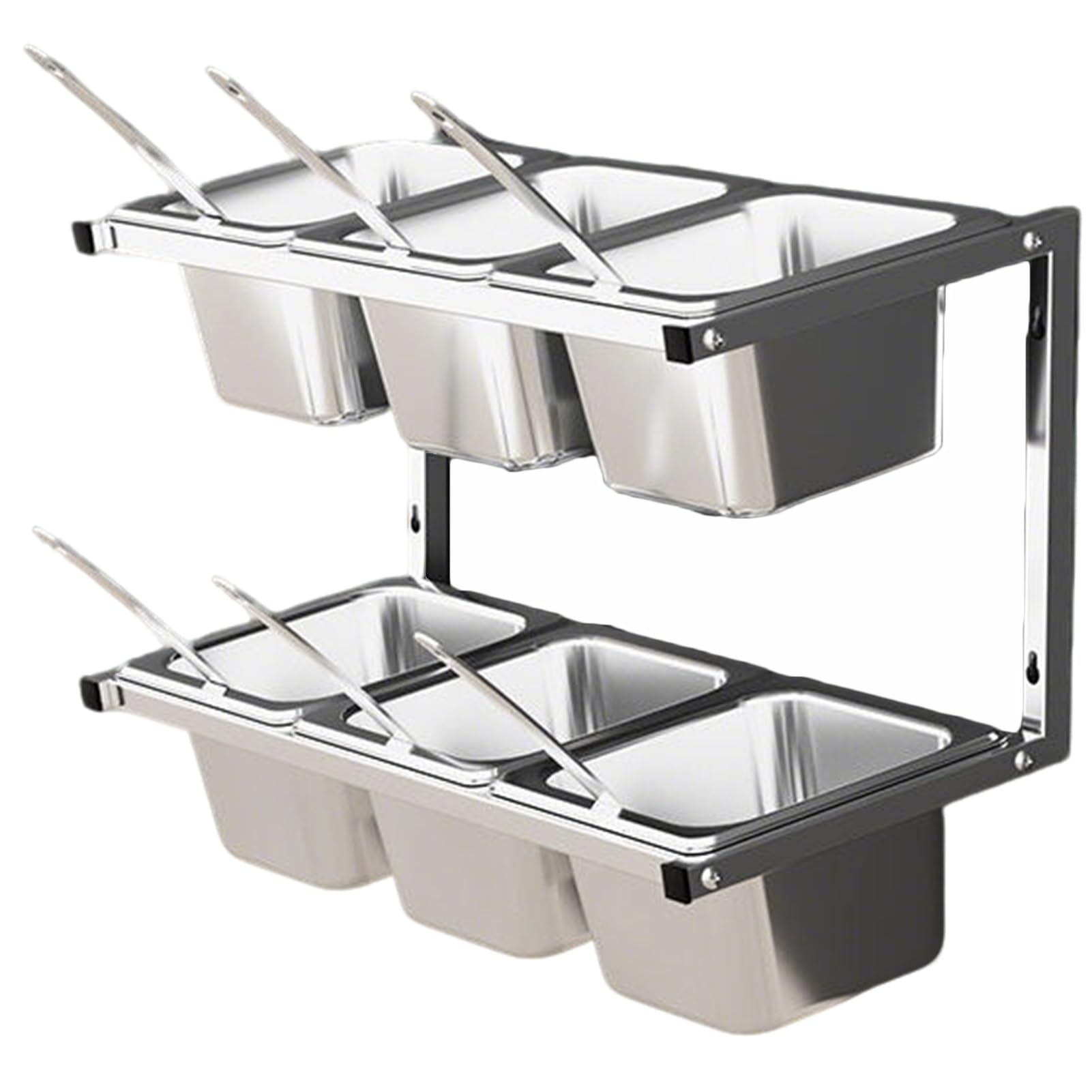 MYUYEE 2 Tier Stainless Steel Pizza Topping Station With Lids & Spoons Wall Mounted Spice Rack For Kitchen & Restaurant 6/8/10 Compartment Seasoning(10Cm(4In)-3Pcs-B)