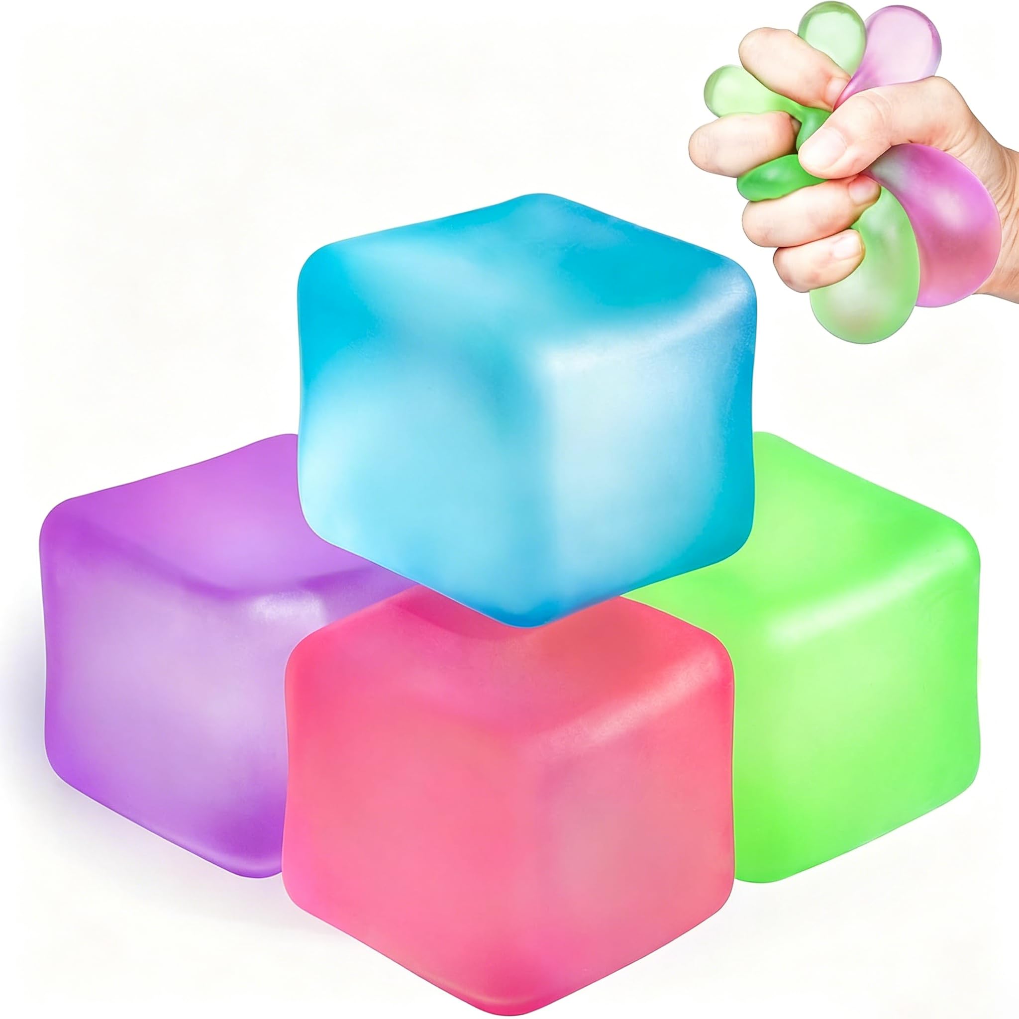 4 Pack Squishy Fidget Toy Ice Cube, 5cm Square Shape, Stress Relief Sensory Squeeze Toy for Kids and Adults, Party Favours, Classroom Prizes