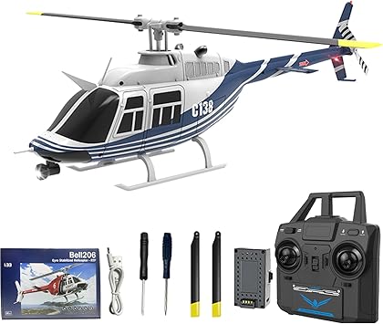 C138 Remote Control Helicopter, 133 Scale Bell206 Helicopter 2.4G 4CH RTF Single Propeller Aileron Free, Six-axis Gyroscope, Modular Battery, One-Touch Function Gift for Adults 1 Batteries