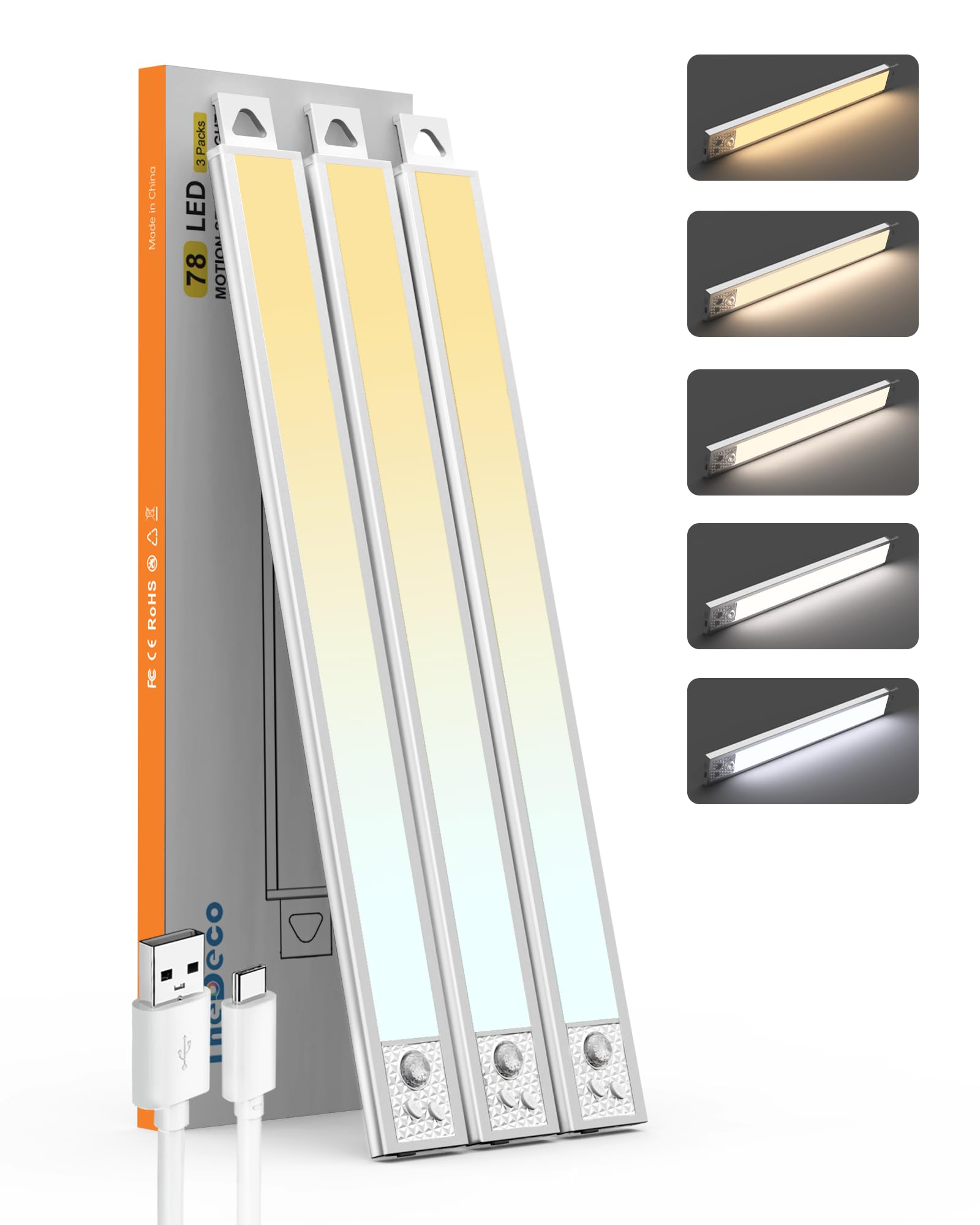Photo 1 of 16 Inch Under Cabinet Lighting, 3Pack 5CCT Dimmable Closet Lights, Motion Sensor LED Lights of Battery Operated, Rechargeable Under Counter Light for Kitchen, Stairs, Bedroom, Wardrobe