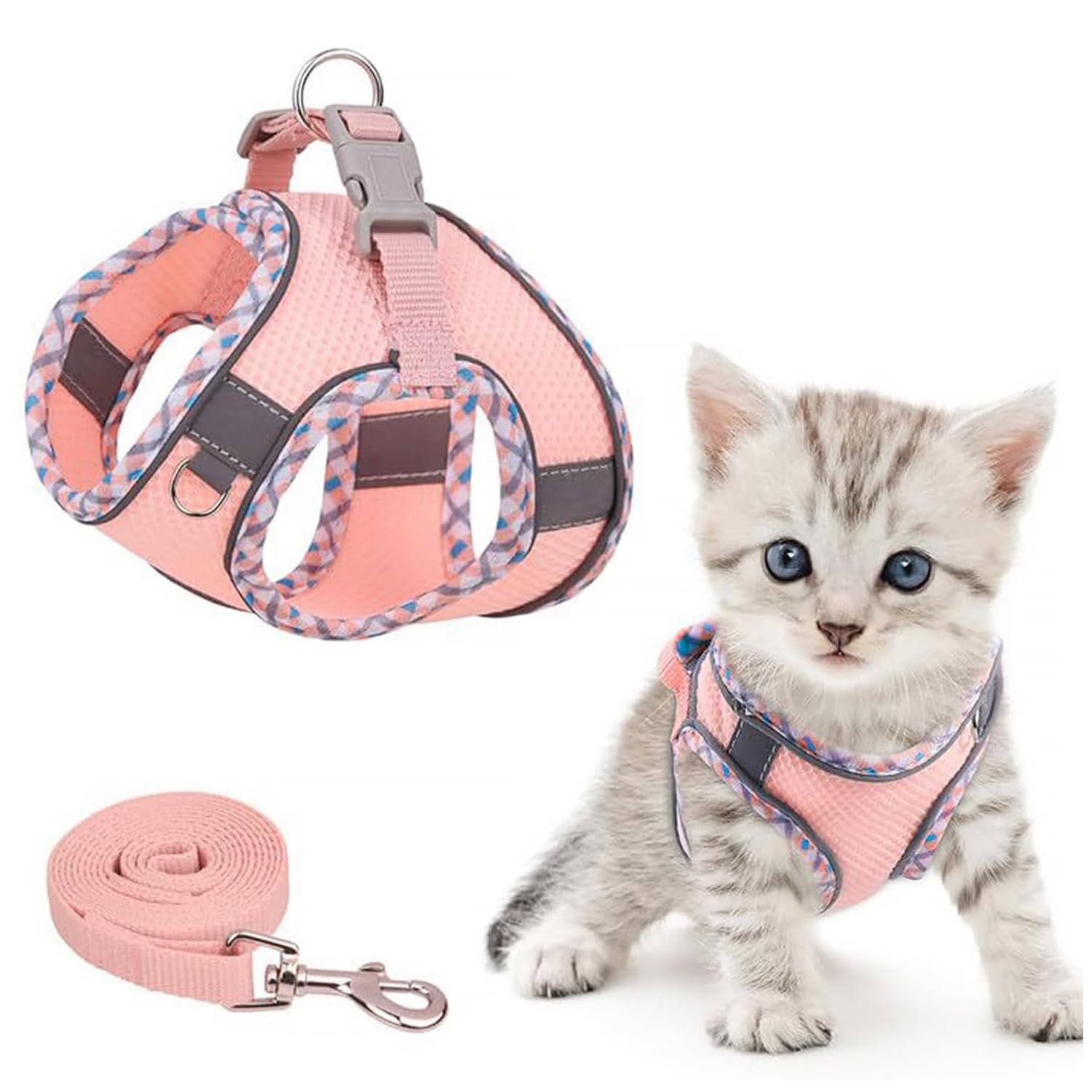 Brifit Katzengeschirr Kitten,Katzengeschirr mit Leine Ausbruchsicher, Verstellbares Katzen Geschirr Set mit Reflektierenden Streifen, Softgeschirr für Katze Welpe [Rosa 3XS] Outdoor für Balkon, Garten