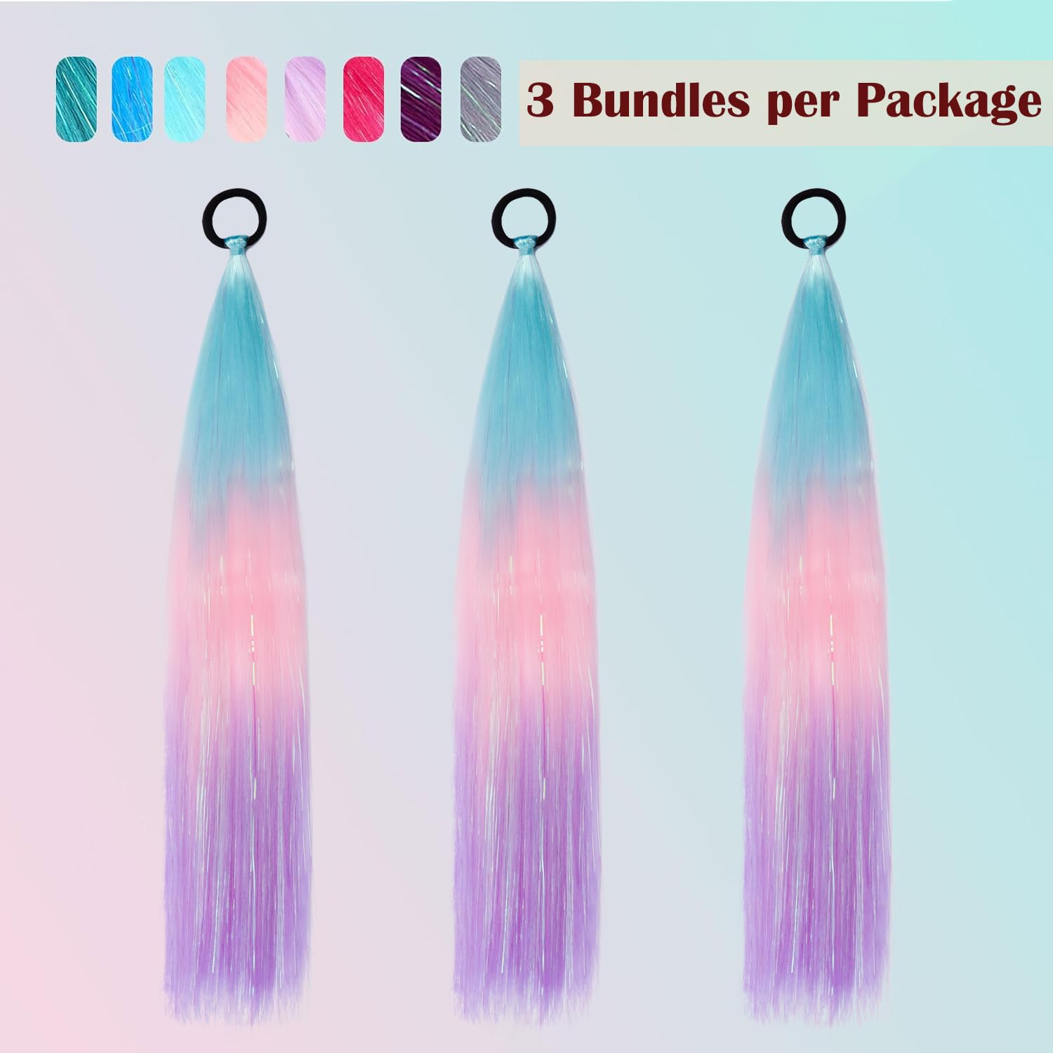 PORSMEER 3 Pcs Rainbow Hair Extensions With Elastic Tie,3 Tone Mermaid Hair for Braiding Crochet,Synthetic Braided Ponytail Extension for Women,Glitter Hair for Festival/Party (Blue/Pink/Purple) - Image 2