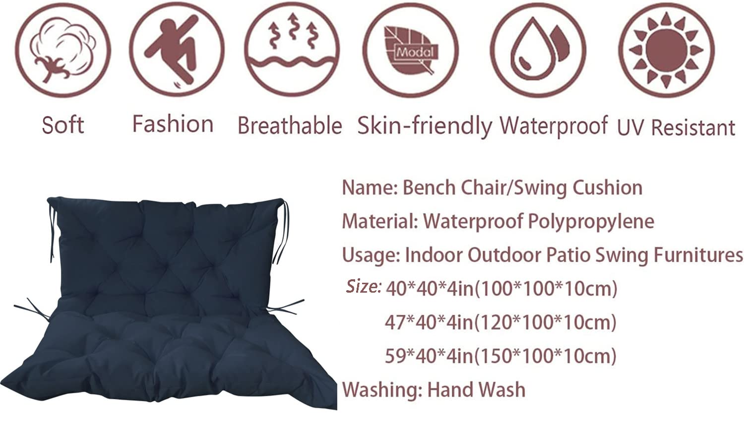 Wodoodporna, granatowa poduszka na ławkę z oparciem, 100 x 100 x 10 cm, idealna do mebli ogrodowych, wygodne siedzisko, trwała i stylowa ozdoba tarasowa