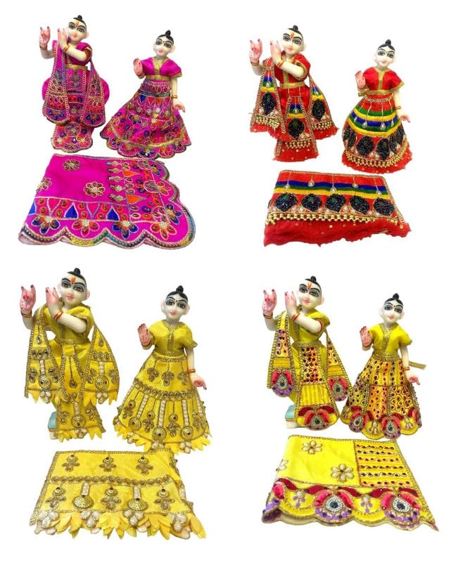 (7 Inch Murti Size) HKS Radha Krishna Ji Jamnashtami Special Dress | Radha Krishna Ji Heavy Embroidery Dress with Two Mala | Dress Length 4 Inch (Pack of 4) | H5
