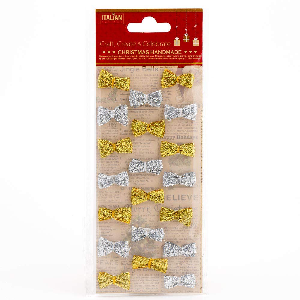 Italian Options Gold / Silver 2Cm Self Adhesive Small Mini Glitter Sparkle Christmas Bows And (20 Pcs)