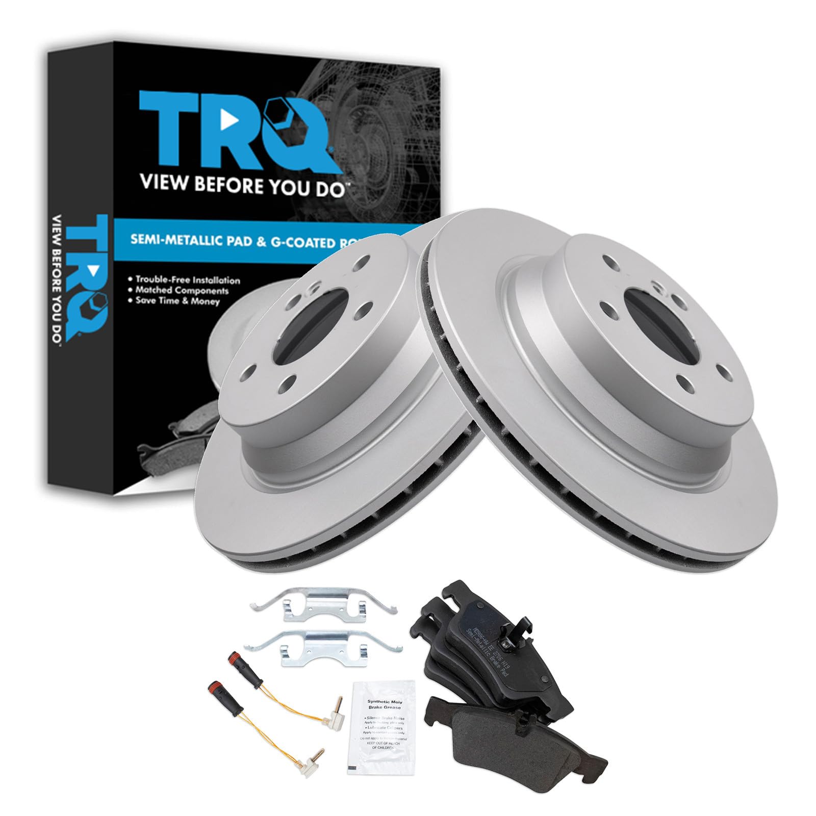 TRQ Rear Brake Pad &amp; Rotor Set Semi Metallic Coated Rotors Compatible with 2003-2006 Mercedes-Benz E320 E500 2006 CLS500 2006-2016 E350 2007-2011 CLS550 2007-2009 E550 2013-2016 E400 2015-2016 CLS400