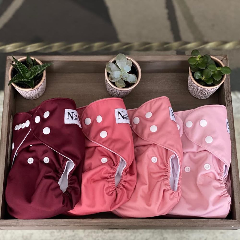 Nora's Nursery Cloth Pocket Diapers 4 Pack with 4 Inserts - Waterproof Cover, Washable, Reusable & One Size Adjustable Pocket Diapers for Newborns and Toddlers - Berry Mauve