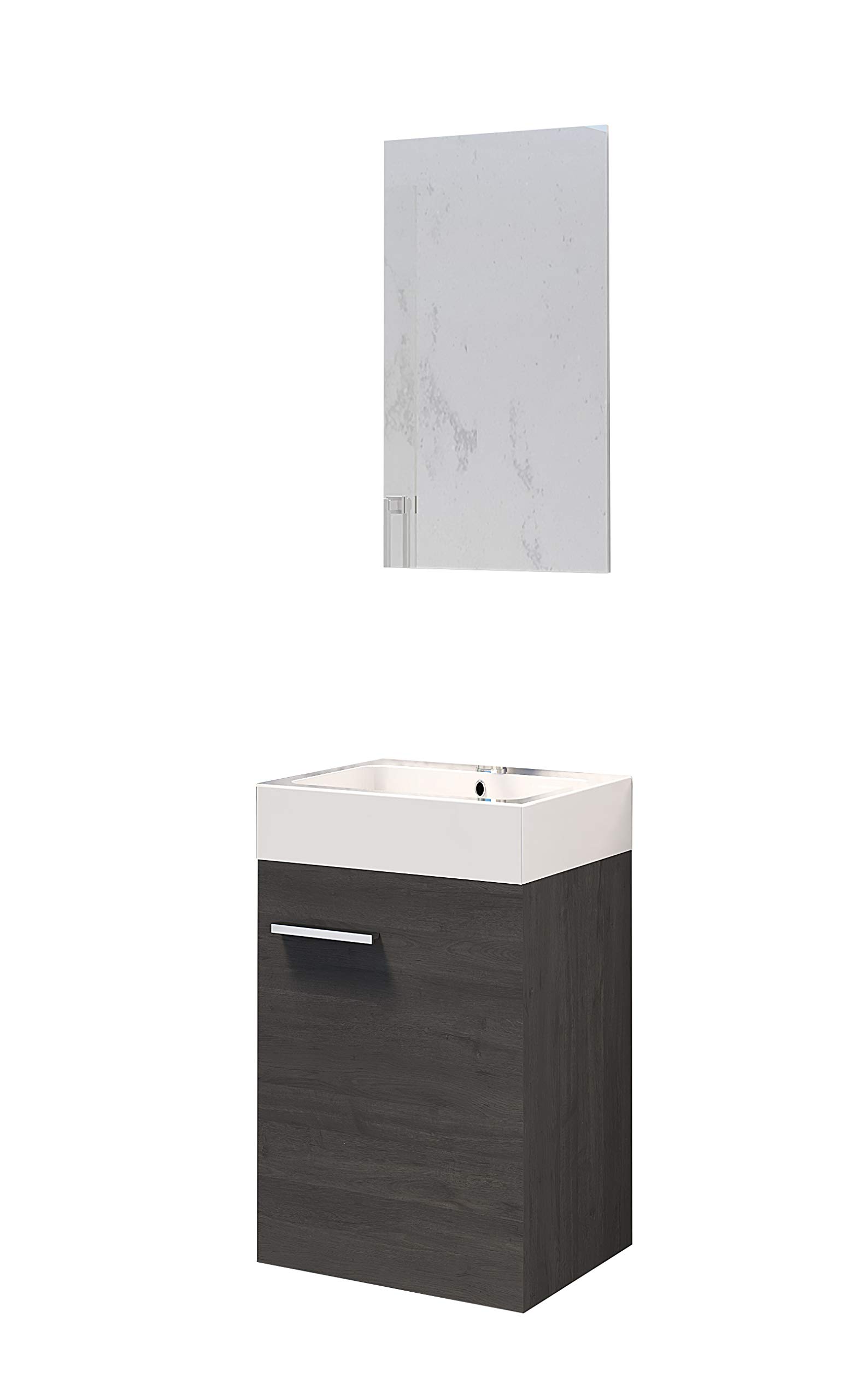 Baikal280034042 Bathroom Cabinet, Ceramic Sink and Mirror, Single Door, Ideal for Toilets or Small Bathrooms, Melamine 16, Ash Grey Oak, cm, 45 x 36 x 60 cm, Pack of 10