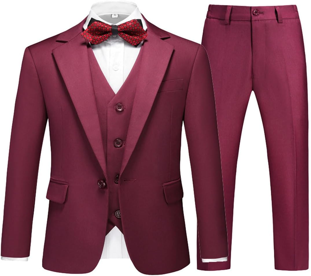 Mi Bo Tong Solid Boys Suit 3 Piece One Button Blazer Pants Vest Wedding Tuxedo for Boy Slim Fit Kids Party Suit