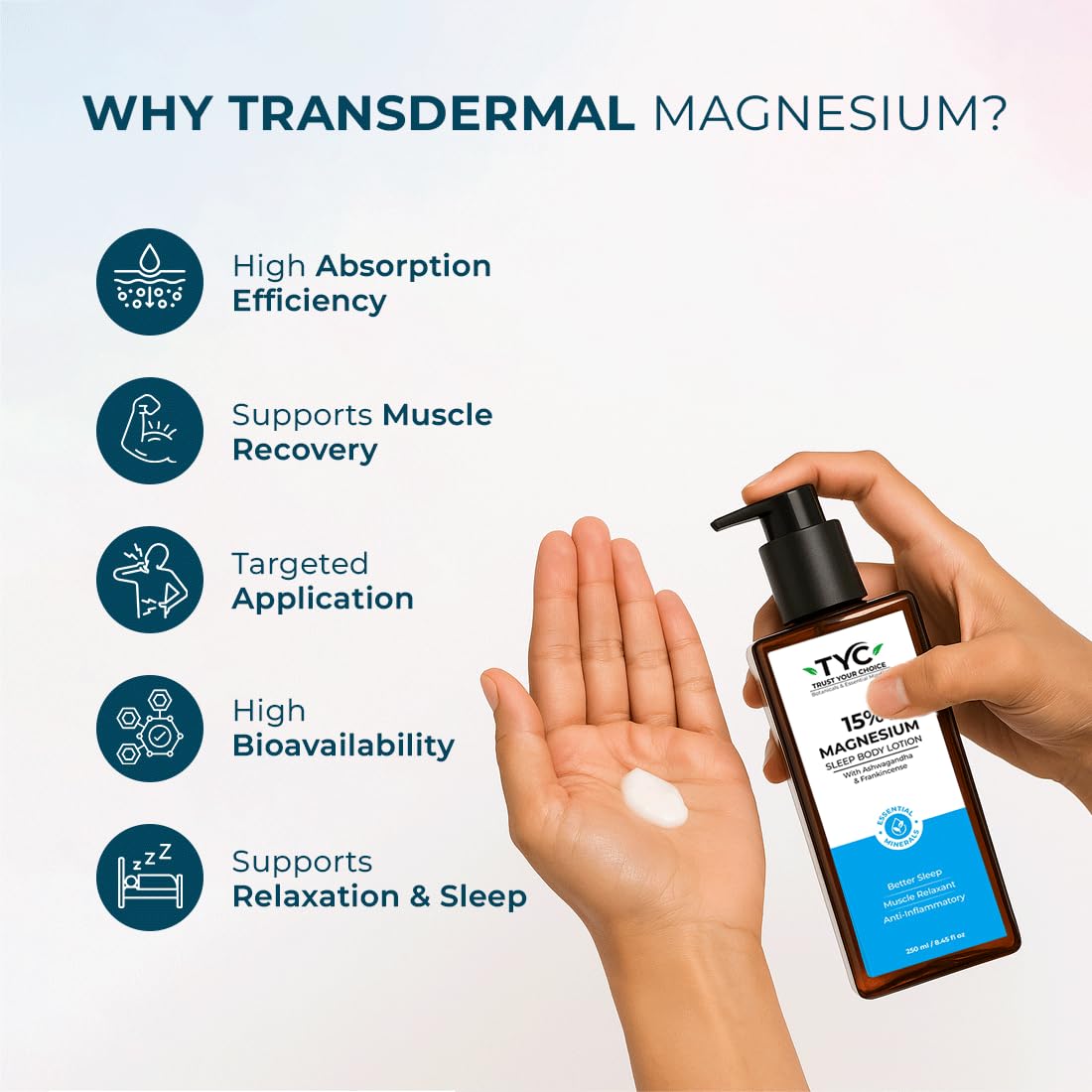 TYC Trust Your Choice Magnesium Sleep Body Lotion, 15% Magnesium Chloride with Ashwagandha and Frankincense Oil, Magnesium Lotion For Sleep For, Magnesium Lotion For Muscle Recovery, Relaxation, No Added Fragrance - 250ml( Pack of 1) 3