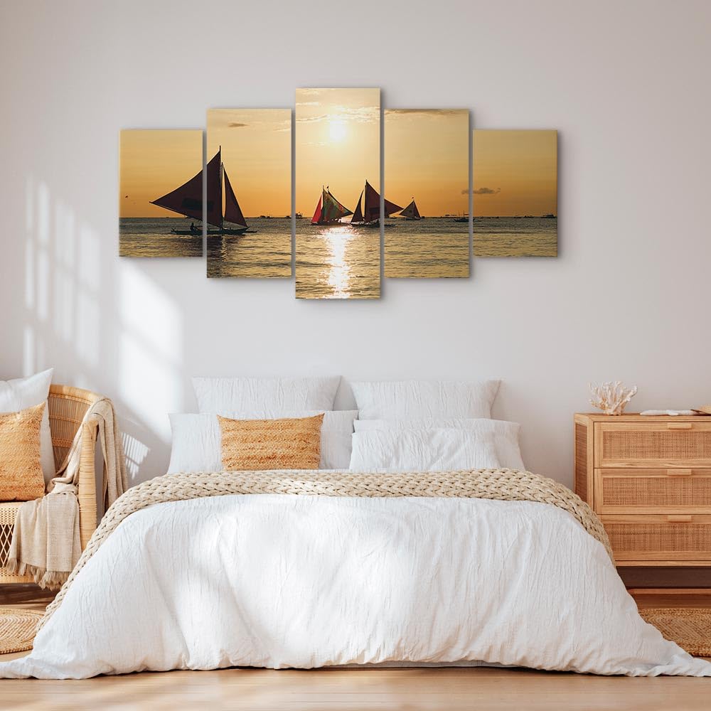 B&D XXL - Quadri Moderni Soggiorno Grandi Dimensioni, Barche Vela 225x112cm | Chiodi Inclusi, 5 Pezzi, Quadro Moderno, Pannelli Decorativi, Murale Arte, Tramonto, Resistenti Allo Sbiadimento, Spiaggia