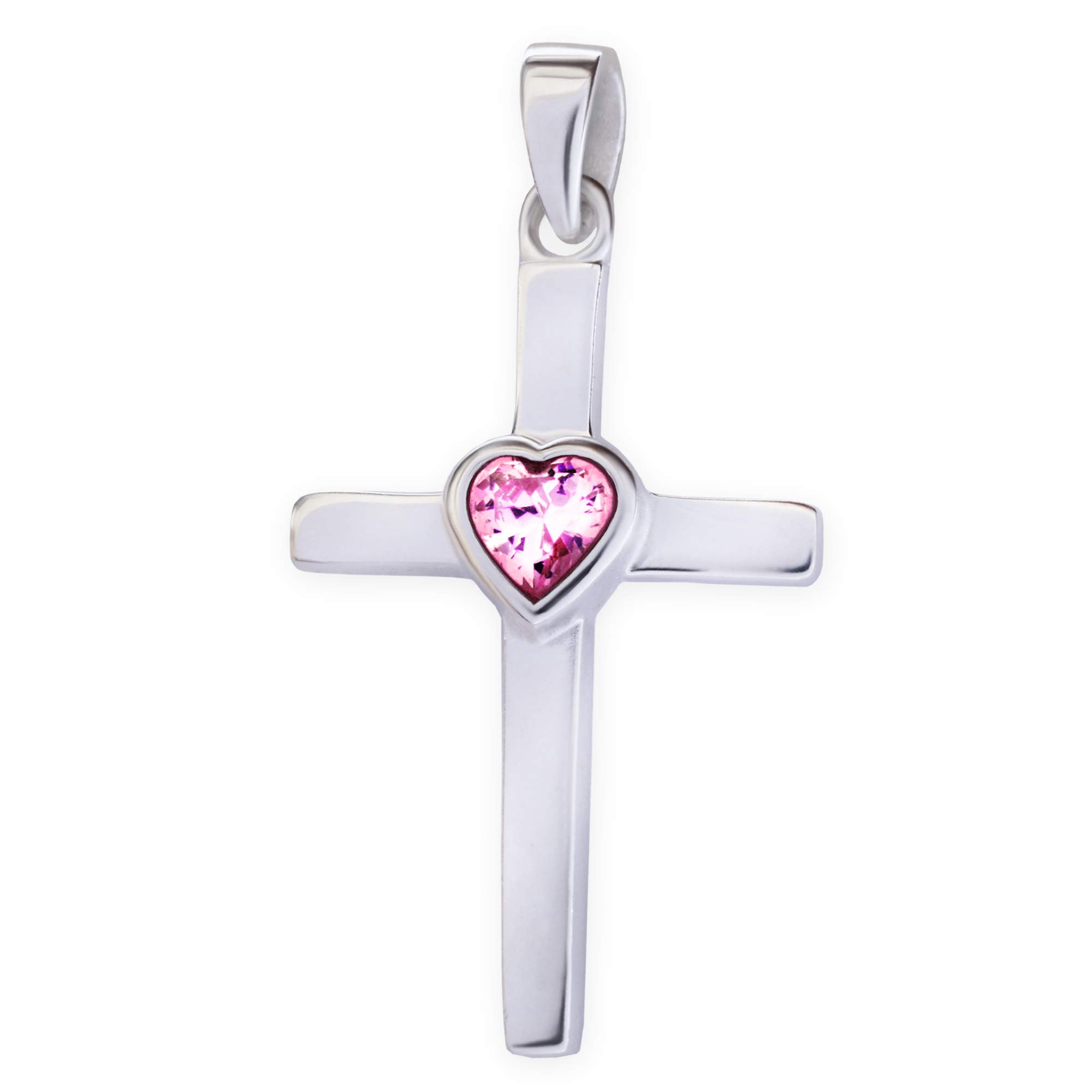 CLEVER SCHMUCK Kreuzkette für Mädchen zur Taufe Kreuz mit Herz 28 mm + Taufring Engel mit Stein rosa 12 mm + Panzerkette 36 cm STERLING SILBER 925 im Etui rosa