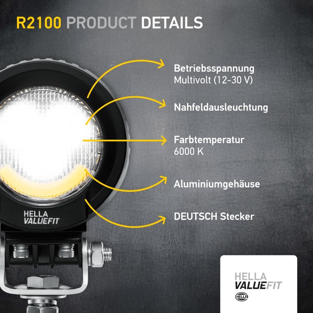 HELLA VALUEFIT 1G0 357 109-111 Phare de Travail LED R2100 2.0 - 12/24V - 2300lm - Montage en saillie - Système d'étrier - Éclairage du champs proche - Câble: 300mm - Quantité: 1
