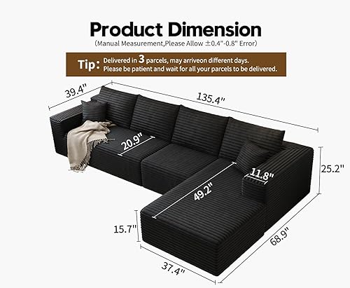 Miniatura 47 de Sofá seccional modular Cloud de 107.5 pulgadas con diván en forma de L, sofá modular moderno con asiento profundo, sofás tapizados para sala de