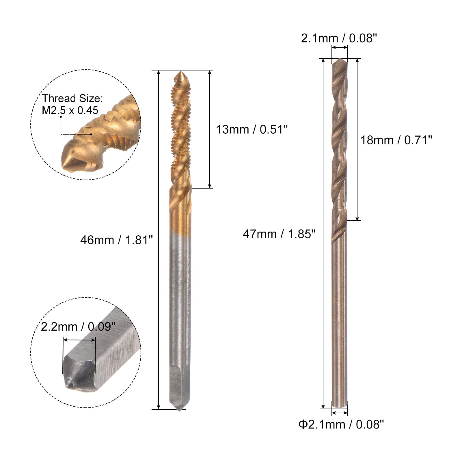 Set di Punte per Trapano con Filettatura a Spirale M2,5 x 0,45 da 2,1 mm, metriche, in Acciaio rapido al Cobalto M35 Placcato in Titanio, utensile per Filettatura a Macchina