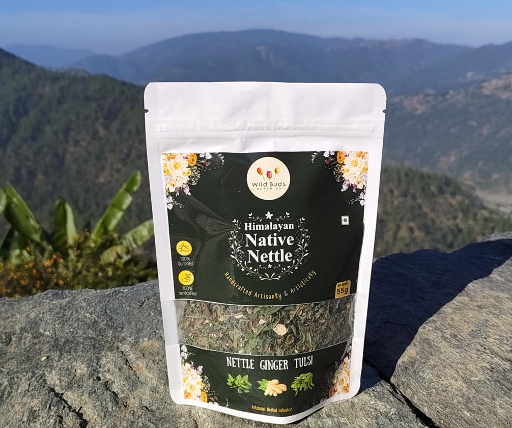 WILD BUDS BOTANICS - Himalayan Native Nettle Leaf Tea (55g) | Artisanal Herbal Infusion | Wild Himalayan Nettle Leaves with Ginger and Tulsi | 100% Sun-Dried | 100% Handcrafted |