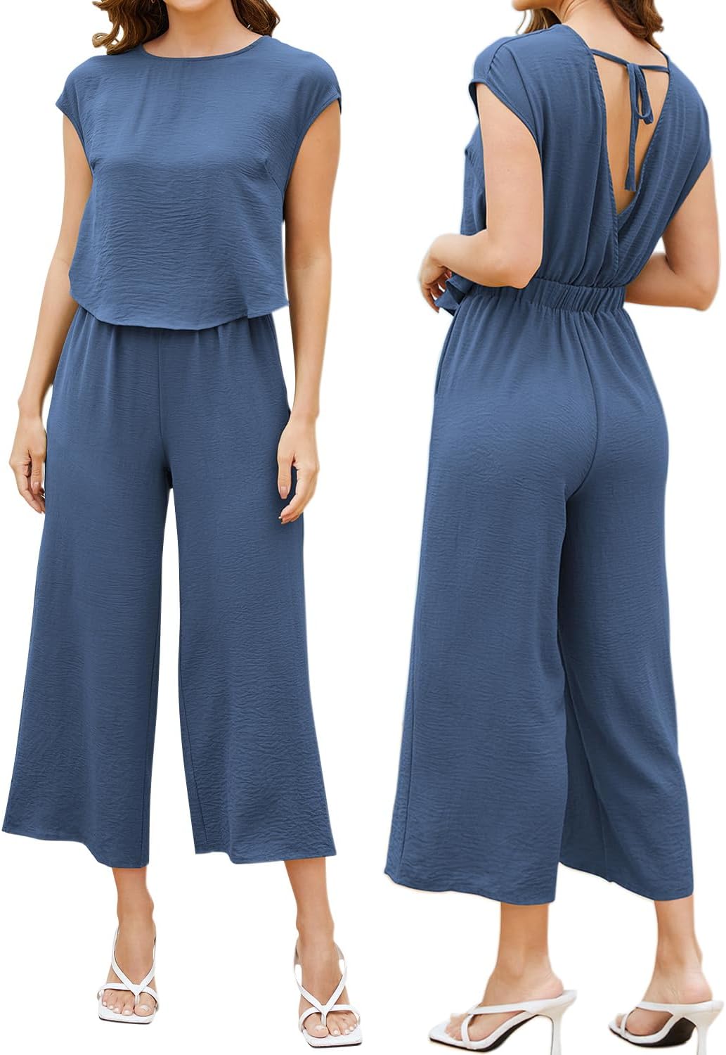 ROYLAMP Women's Summer Casual Jumpsuit Sleeveless Cutout Crop Backless Tie Back Cropped Wide Leg Rompers with Pockets