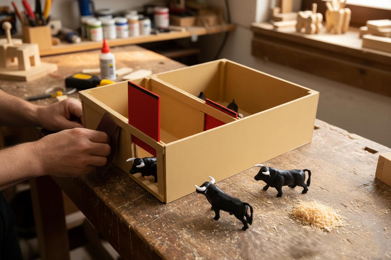 TOROS DE Juguete con Toril Artesanal DE Madera para Plaza TOROS Juguete Pack Infantil Completo Incluye 4 TORITOS Negros Miniatura Corral Tradicional Medidas 33X24X11 CM