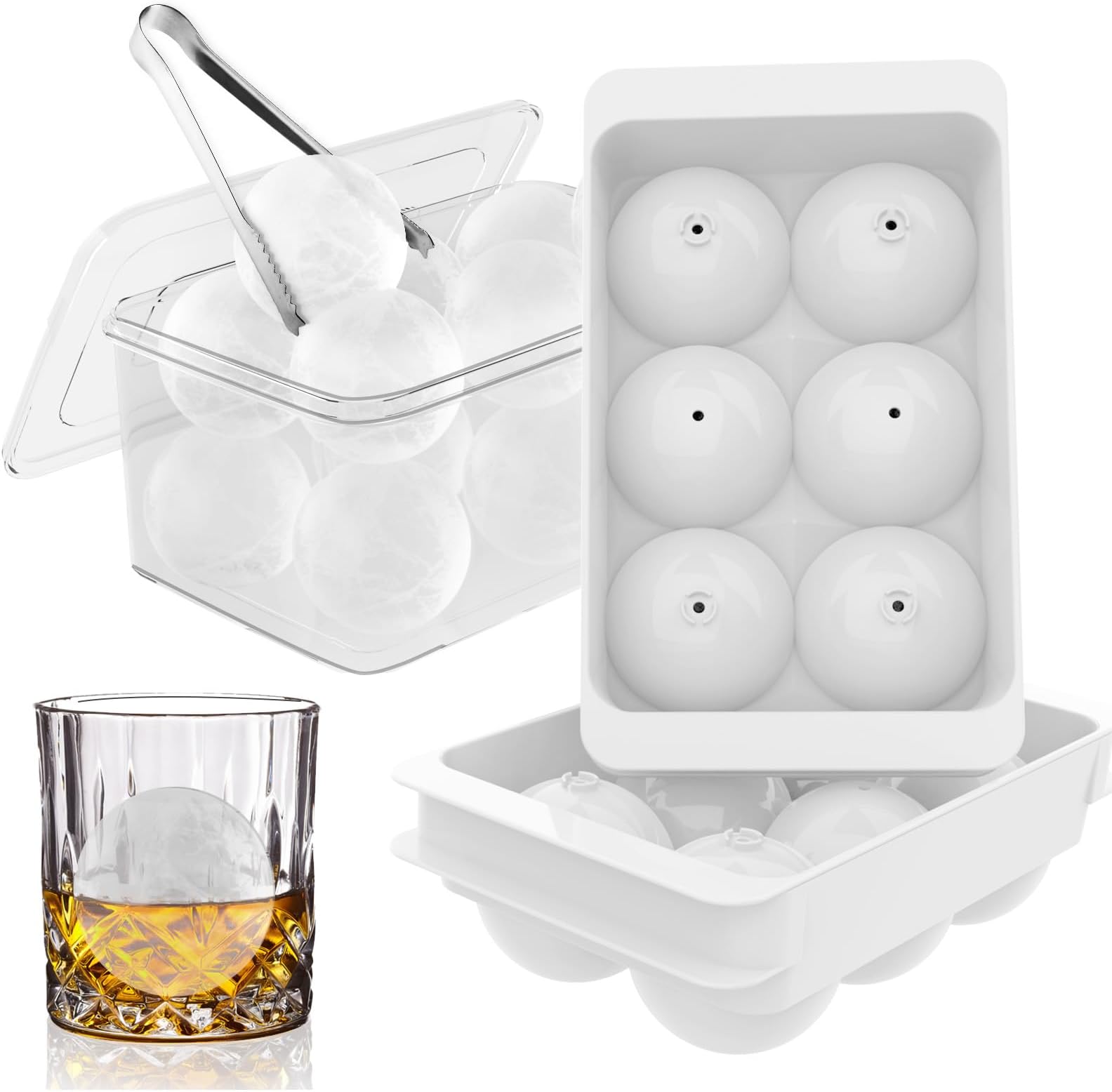WIBIMEN Large Ice Cube Tray, 2IN Whiskey Ice Mold, 2 Pack Sphere Ice Cube Mold with Bin&Tong, Leak-free Round Ice Cube Mold, Easy Fill & Release Ice Ball Maker for Whiskey Cocktails Bourbon(White)