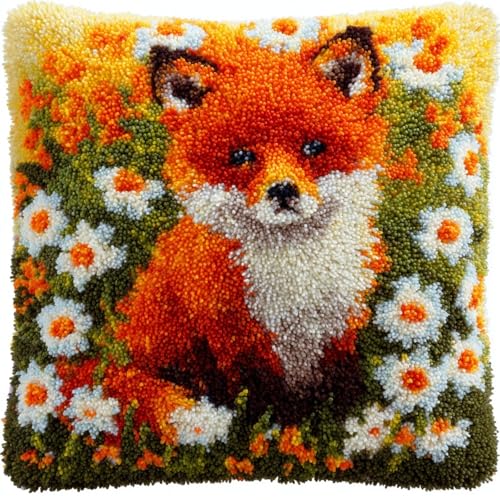 Kit coussin au point noué renards et fleurs 43x43 cm tapis pour loisirs créatifs adultes