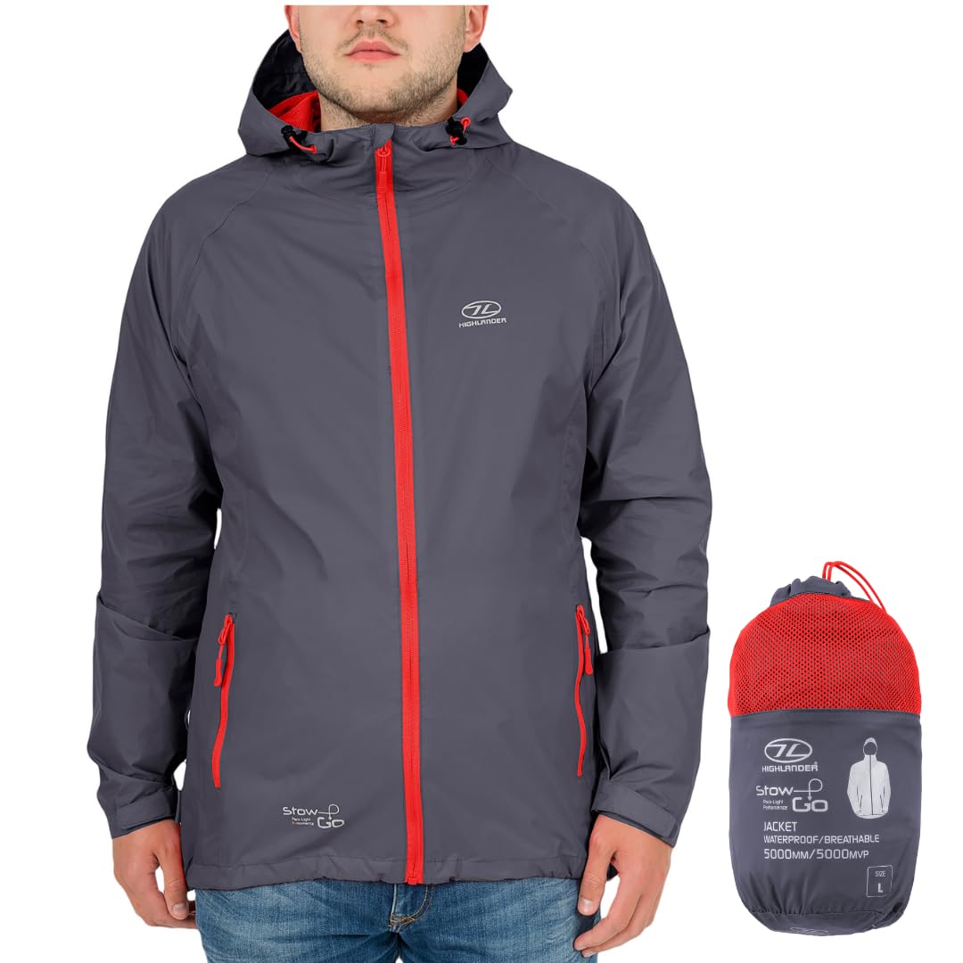 HighlanderMen’s Waterproof Jacket - Stow & Go Packaway Jacket - Ultimate Waterproof Protection, Lightweight & Breathable, Perfect for Everyday and Outdoor Adventures