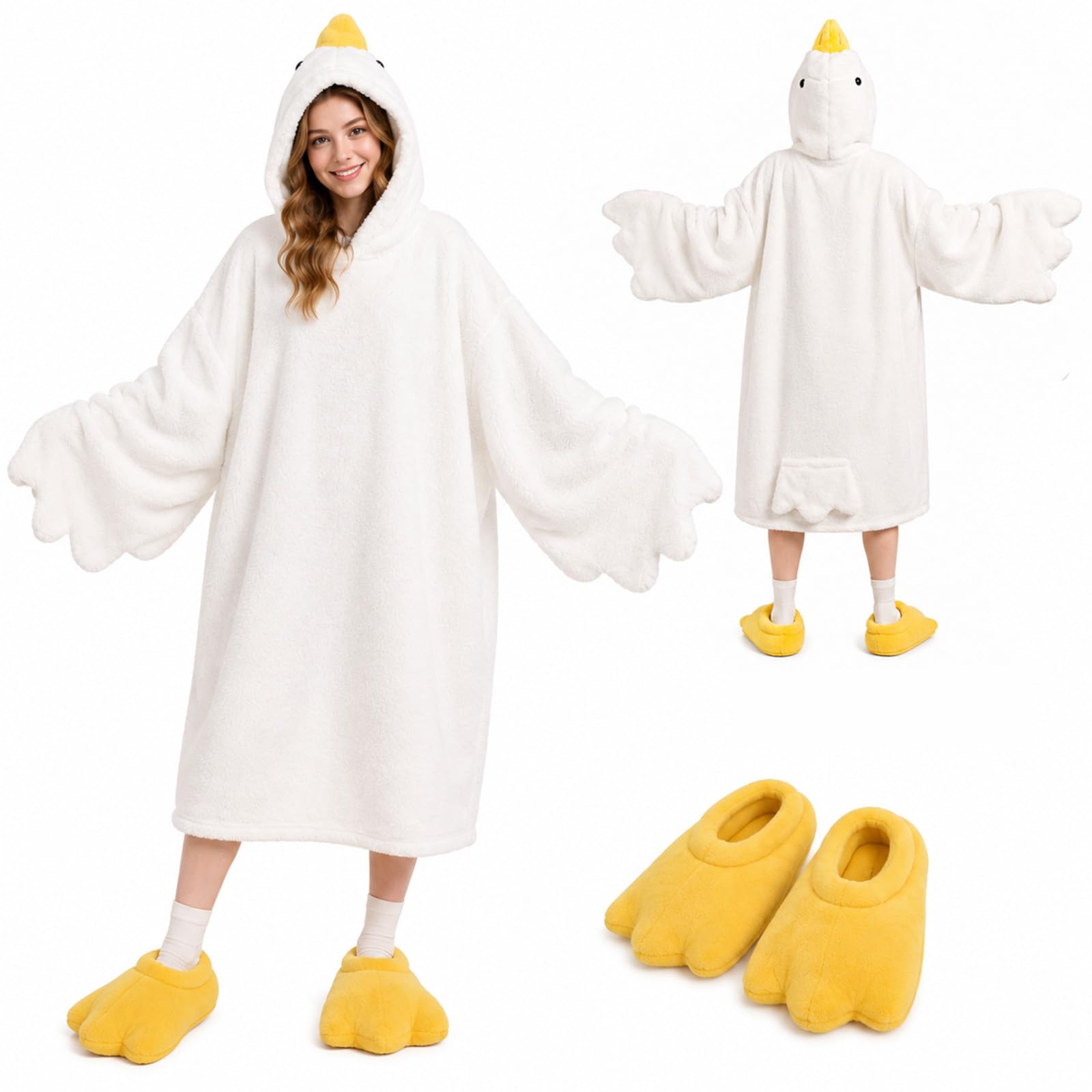 Goose Blanket Hoodie Onesie, Wearable oversized Duck Blanket Hoodie, Gift for Adults & Kids (White, L)