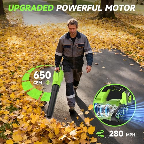 Image of Leaf Blower Cordless, 650CFM Electric Leaf Blowers with 2 x 5.2Ah Batteries and Charger, 3 Speed Modes, 1 x Adjustable Shoulder Strap, Powerful Snow Blowers for Lawn Care, Patio, Dust, Blowing Leaves