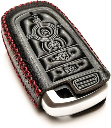 Miniatura 3 de Vitodeco Funda de cuero genuino para llavero inteligente compatible con Ford Mustang 2018-2024, Ford Mustang Mach-E 2021-2023 (5 botones, negrorojo)