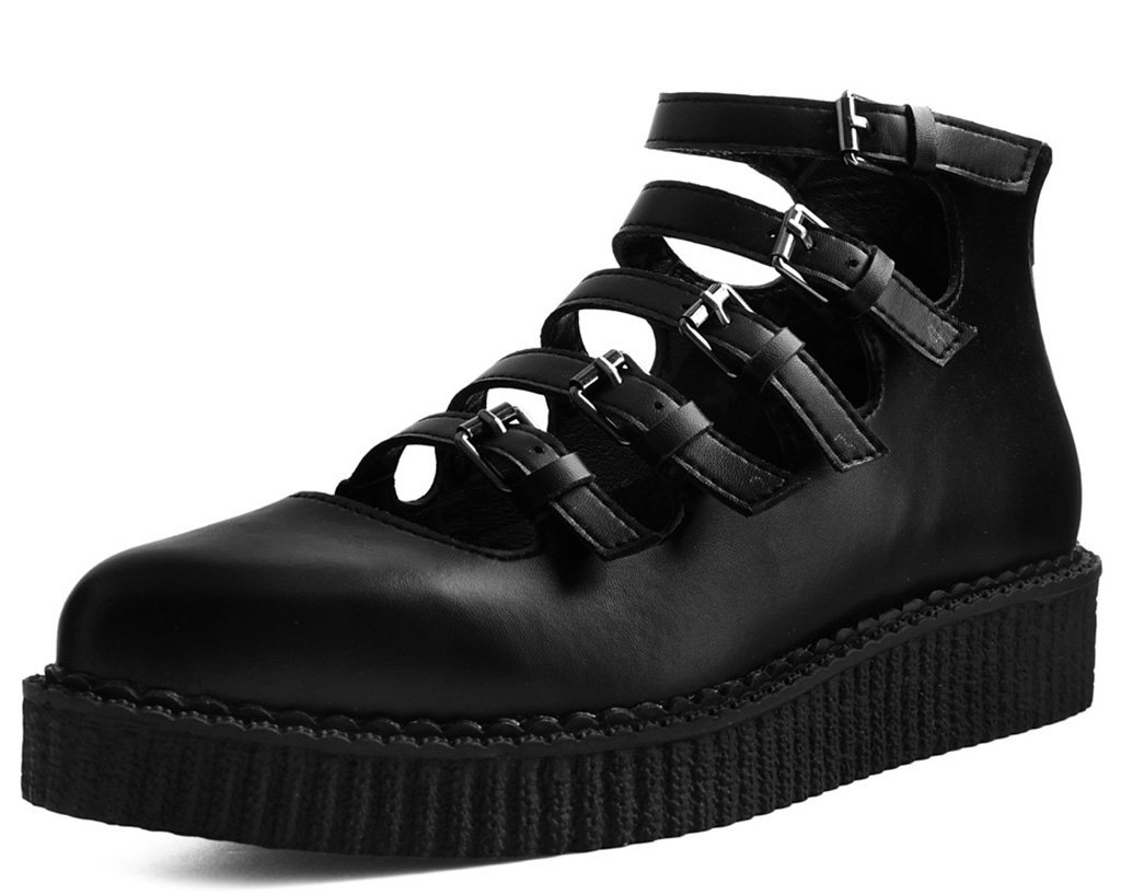 Black TUKskin Multi-Strap Mary Jane Creepers for Women, Pointed Toe Balletcore Shoes