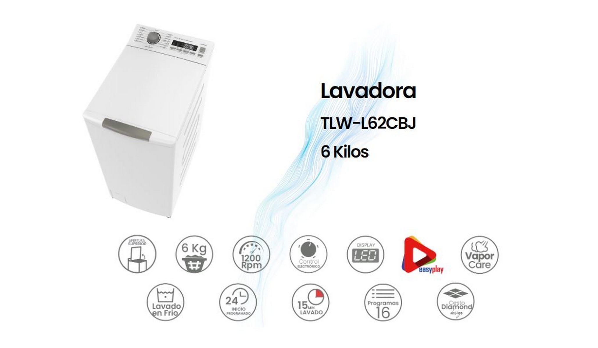 INFINITON Lavadora Carga Superior TLW-L62CBJ, 6 Kg, 1200 rpm, C, Función VAPOR CARE, Lavado en frio, 16 Programas, Regulación en altura, Blanco