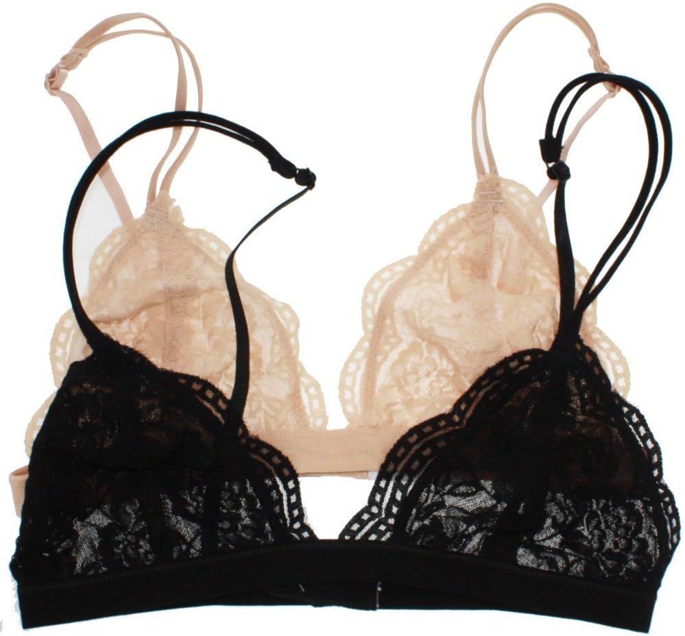Full Lace Semi Sheer Bralette Thin Band,Small/Medium,2 Pack: Black/Beige
