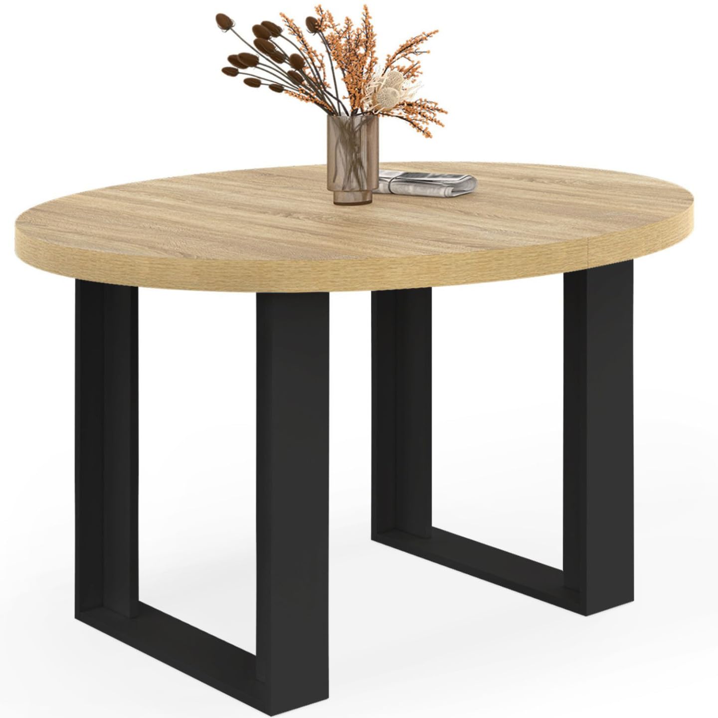 IDMarket Phoenix - Mesa de comedor fija redonda (110 cm, madera y negro, 4 personas)