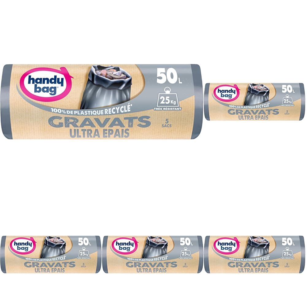 Handy Bag - Sacs poubelle gravats 50L x 5 sacs - Ultra Épais : supporte jusqu'à 25kg - Ultra Résistant - Étanchéité maximale - 80% plastique recyclé (Lot de 5)