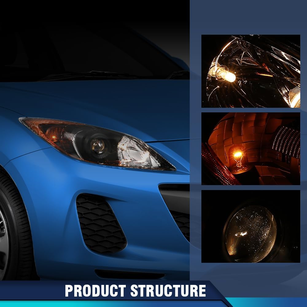 PIT66 Headlight Assembly Pair w/o Bulbs Compatible with Mazda 3 / Mazda 3 Sport 2010 2011 2012 2013 Front Halogen Headlamps Front Lights Clear Lens Black Housing Amber Reflector
