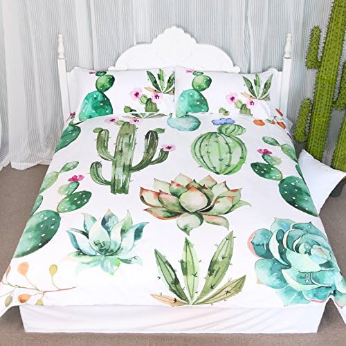 ARIGHTEX Bright Cactus Pattern Bedding Set Green Plants Cactus Print 3 Pieces Duvet Cover Set Nature Art Prints Decor Collection (Queen)