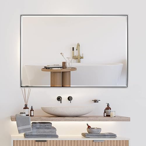 Espejo rectangular biselado negro de 30 x 40 pulgadas para baño, espejo rectangular de aluminio montado en la pared, moderno y grande para